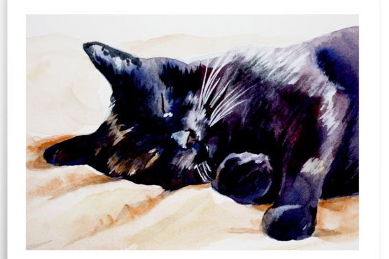 Black Cat painting watercolor sleeping black cat ART PRINT image 2