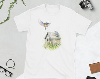 Nesting Bluebirds and Birdhouse | Short-Sleeve Unisex T-Shirt for the bird lover