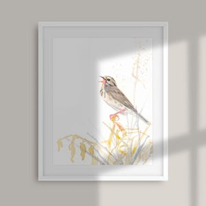 Minimalistic Sparrow Singing on fence post watercolour painting | bird PRINT