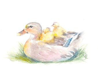 Mama duck and ducklings watercolor painting Bird Print