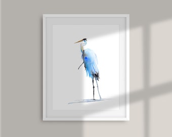Great Blue Heron Watercolour shore bird art painting print