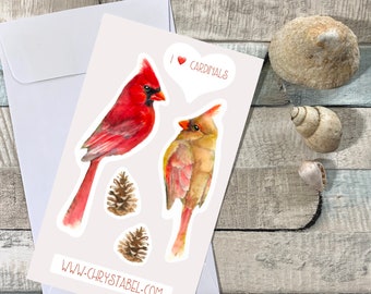 Cardinal Pair Watercolour Bird Stickers - free shipping within North America