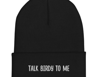 Talk Birdy To Me - Cuffed Beanie - black with white embroidery | bird lover gift