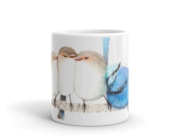 Splendid Blue Fairy Wrens cuddling Australian Bird watercolor painting in a ceramic mug