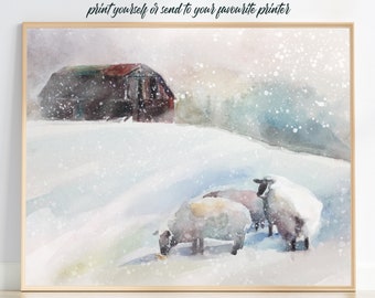 PRINTABLE winter sheep and barn | snowy watercolour painting - digital download