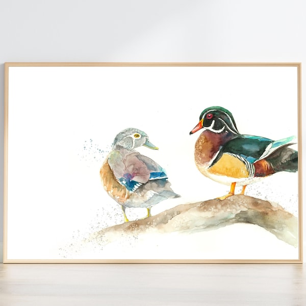 Wood Ducks watercolour painting | tree duck print | duck wall decor