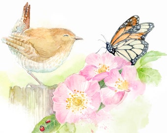 Wren and Butterly on Wild Rose | watercolor painting | nature wall art print