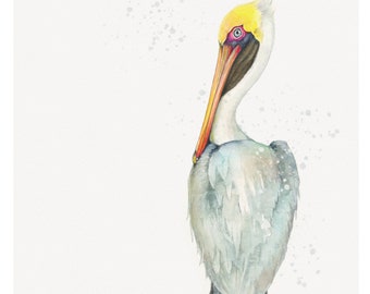 Brown Pelican watercolor painting | shorebird wall art | coastal beach theme home decor