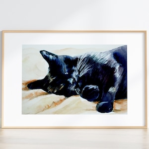 Dipinto di gatto nero / acquerello / gatto nero addormentato / STAMPA ARTISTICA
