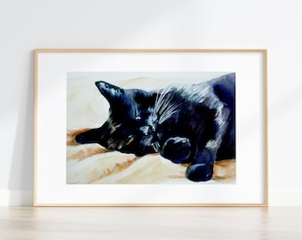 Sleeping Black Cat Watercolor Art Print