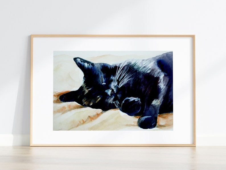 Black Cat painting watercolor sleeping black cat ART PRINT image 1