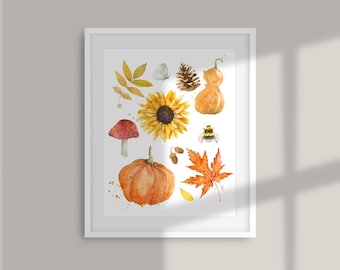 Autumn elements watercolor fall nature cottagecore wall decor