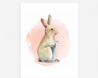 Bunny drinking Tea | Easter bunny | cute pink woodland rabbit animal painting | nursery wall art