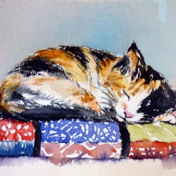Calico Kitten on Pillow - ACEO print