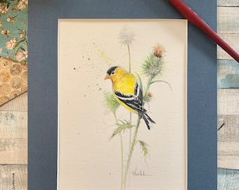 ORIGINAL Goldfinch on wildflower watercolour painting