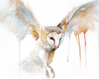 ORIGINAL Barn Owl Flying watercolour painting