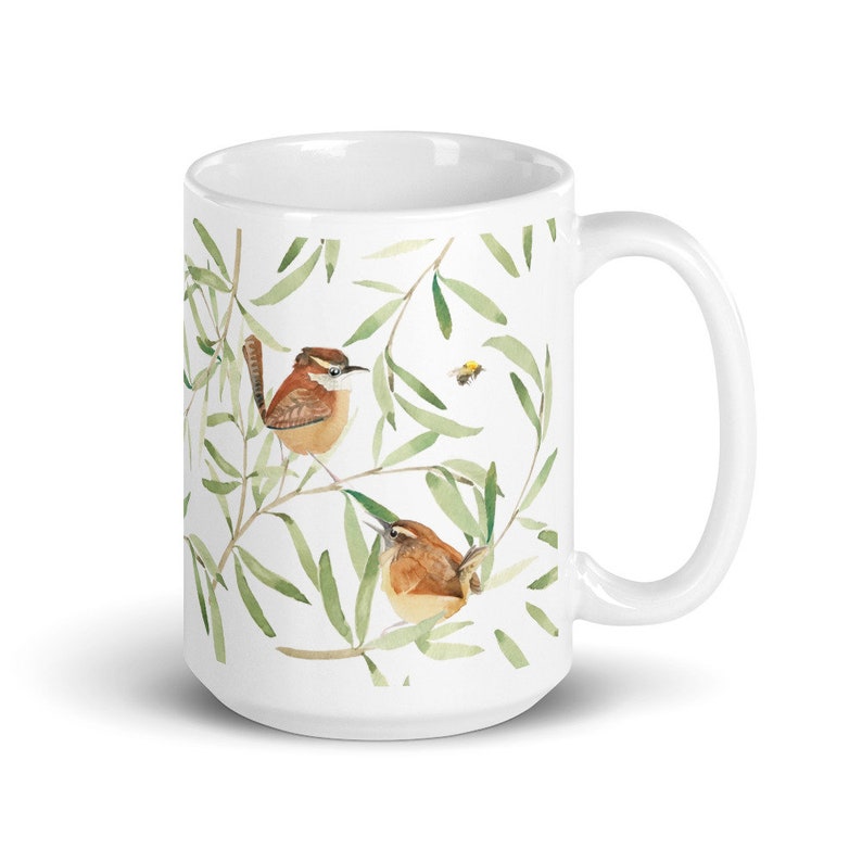 Carolina Wrens and Bees in the Willow cottagecore style coffee mug image 4