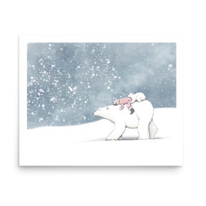 Polar bear mama child and cub | cute snowy fairy tale painting | picture book nursery wall art