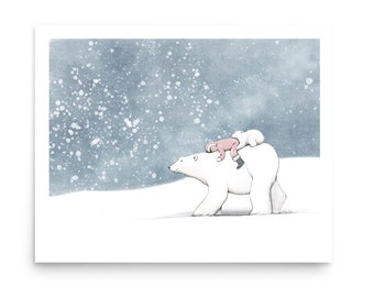 Polar bear mama child and cub | cute snowy fairy tale painting | picture book nursery wall art