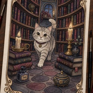 May include: A detailed illustration of a grey tabby cat walking through a library with curved bookshelves, stacks of books, lit candles, an ink bottle labeled INK, and a small decorative jar, all enclosed within an ornate, decorative border.
