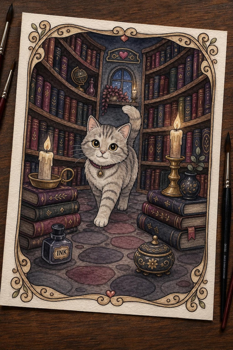 May include: A detailed illustration of a grey tabby cat walking through a library with curved bookshelves, stacks of books, lit candles, an ink bottle labeled INK, and a small decorative jar, all enclosed within an ornate, decorative border.