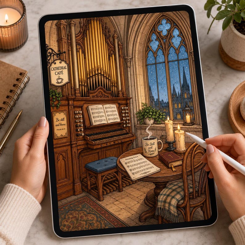 May include: A digital illustration on a tablet screen depicting a cathedral interior with a large pipe organ, a wooden table, a mug labeled Be Still and Know, sheet music, candles, and a window view of a rainy cityscape with gothic architecture.