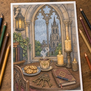 May include: A colored pencil drawing of a rainy gothic window view featuring a stone tower, a steaming cup of coffee, a plate of chocolate chip cookies, three ornate metal keys, a leather-bound journal with a pen, and several lit candles.