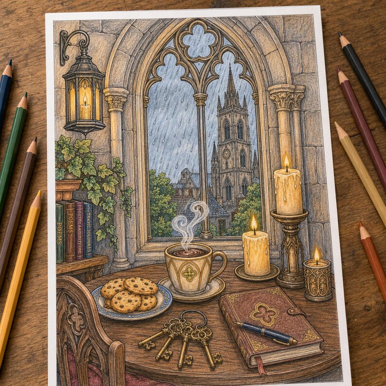 May include: A colored pencil drawing of a rainy gothic window view featuring a stone tower, a steaming cup of coffee, a plate of chocolate chip cookies, three ornate metal keys, a leather-bound journal with a pen, and several lit candles.