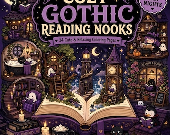 May include: A coloring book cover titled COZY GOTHIC READING NOOKS with 24 Cute & Relaxing Coloring Pages. The illustration features an open book with miniature scenes of ghosts and black cats reading in various settings, including a lighthouse and clock tower.