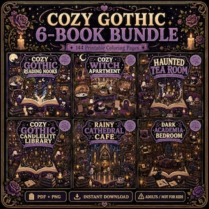 Cozy Gothic Coloring Book Bundle: 6 Books, 144 Printable Adult Pages, PDF & PNG image 1