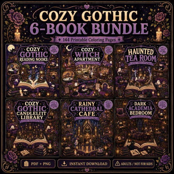 Cozy Gothic Coloring Book Bundle: 6 Books, 144 Printable Adult Pages, PDF & PNG