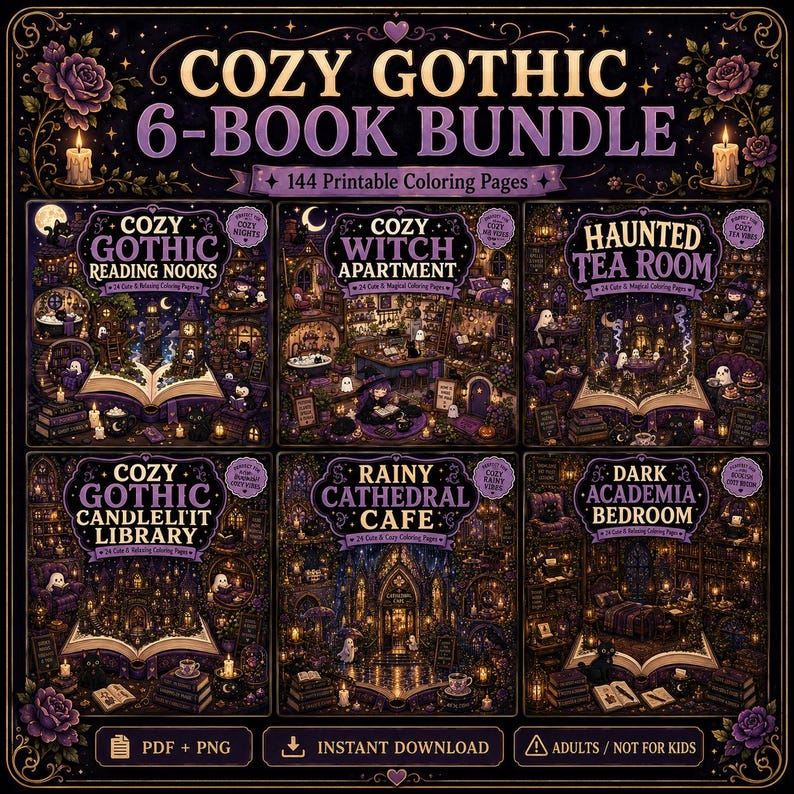 Cozy Gothic Coloring Book Bundle: 6 Books, 144 Printable Adult Pages, PDF & PNG image 1