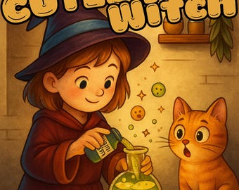 Puede incluir: Ilustración de una joven bruja vertiendo una poción en un matraz de vidrio, con un gato atigrado naranja mirando. La imagen tiene el texto "Cutest Witch" en la parte superior y "10 PDF & PNG Coloring Pages Pack #2" en la parte inferior.
