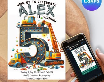 May include: A birthday invitation with the text "Join us to celebrate Alex is turning 5". The design features construction vehicles and a large number 5. A smartphone displays the same invitation. The invitation includes date, time, and RSVP information.