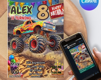 Editable Monster Truck Birthday Invitation, Canva Party Invite