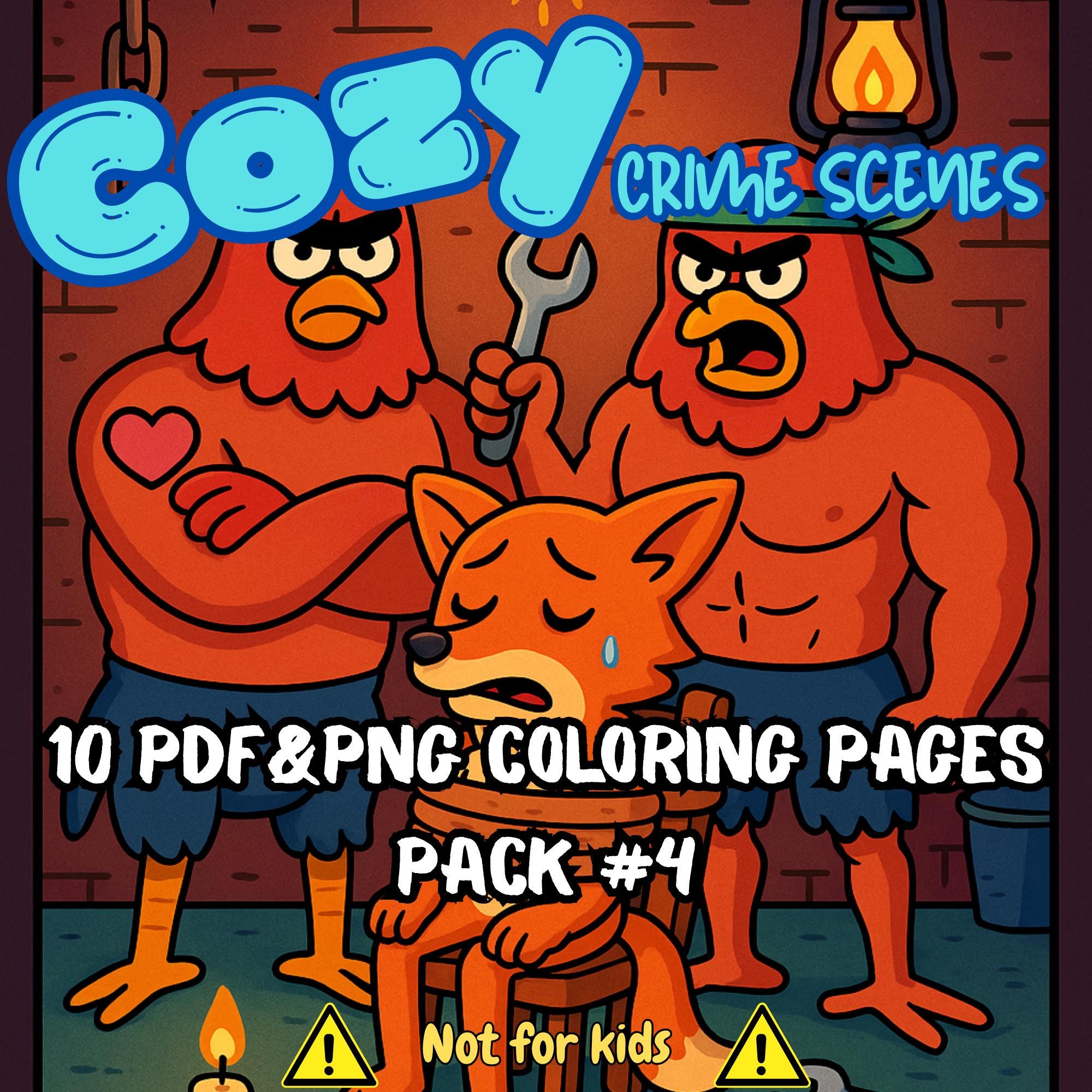 Libro para Colorear Escenas de Crimen Cozy para Adultos – Detectives adorables, arte de misterio con humor negro, 10 páginas PDF/PNG imprimibles
