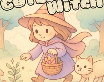 Puede incluir: Ilustración de una linda bruja con un gato, vestida con un vestido, capa y sombrero morados, llevando una cesta de flores. El texto "Cutest Witch" está en la parte superior y "10 PDF & PNG Coloring Pages Pack #1" en la inferior.