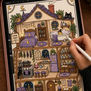 May include: A digital illustration on a tablet screen depicting a multi-level witchy house. The interior features a bedroom with a purple moon-patterned bed, a bathroom with a bubble bath, a kitchen with a cauldron, and a living room with a purple armchair.