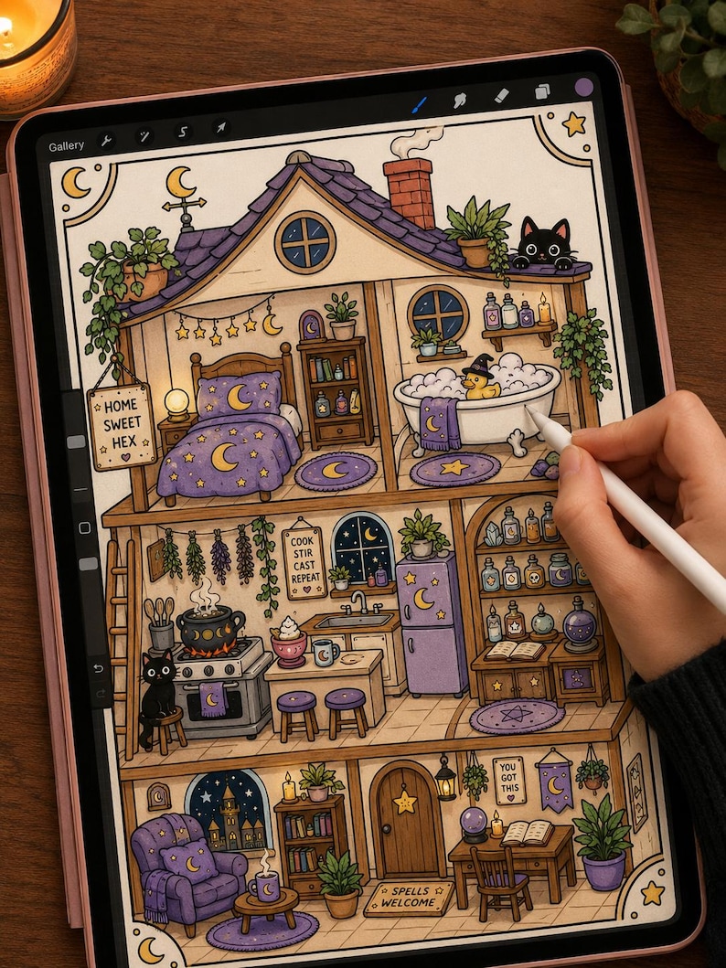 May include: A digital illustration on a tablet screen depicting a multi-level witchy house. The interior features a bedroom with a purple moon-patterned bed, a bathroom with a bubble bath, a kitchen with a cauldron, and a living room with a purple armchair.