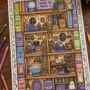May include: A colored-in illustration of a multi-level dollhouse shaped like a bookshelf, featuring rooms with furniture, a black cat, a ghost, and text reading Home is where the magic is, Witch Closet, and Tiny Witch Apartment.