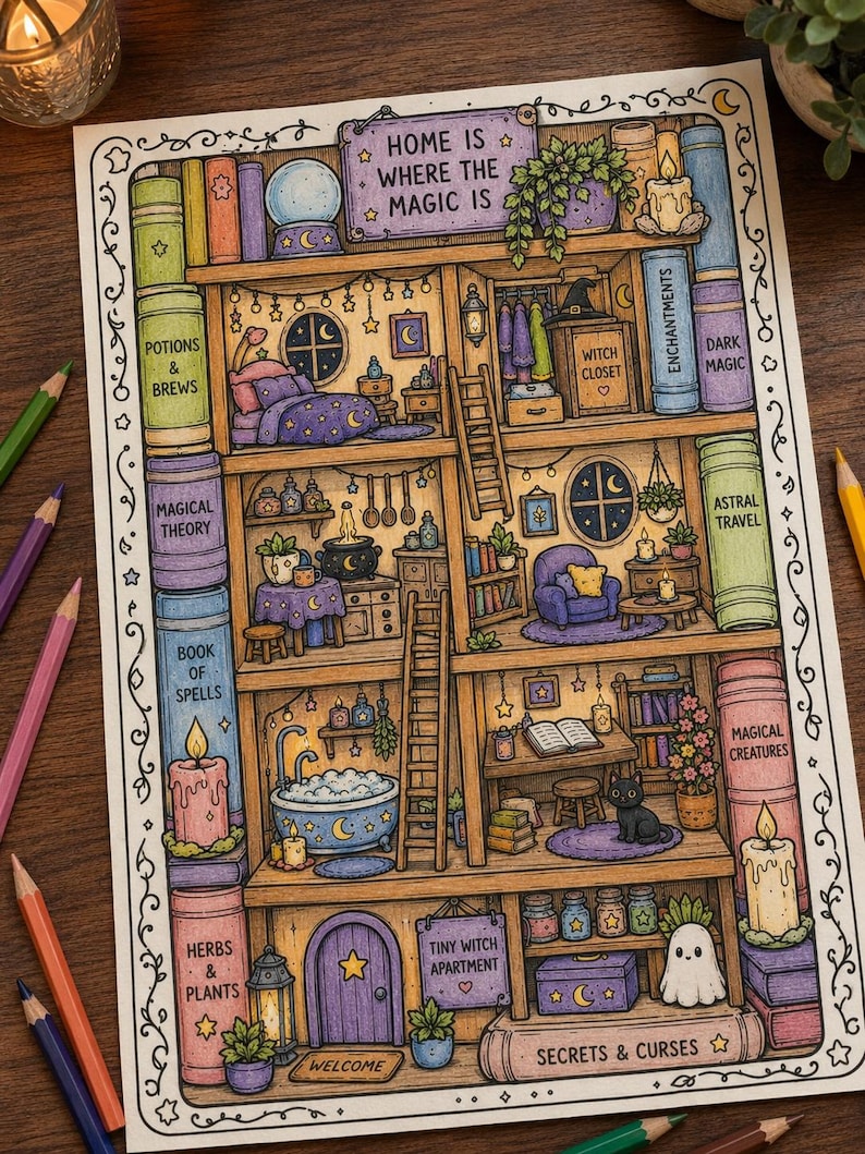 May include: A colored-in illustration of a multi-level dollhouse shaped like a bookshelf, featuring rooms with furniture, a black cat, a ghost, and text reading Home is where the magic is, Witch Closet, and Tiny Witch Apartment.