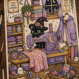 May include: A colored illustration of a black cat wearing a witch hat while operating a purple sewing machine. The scene includes shelves with jars, books, baskets of yarn, a cape on a mannequin, and small ghost figures. Text reads: Make Magic Wearable, Stitches Spells & Threads, Sew Your Own Spells, Magic Fibers, Moon Thread, and Enchanted Notions.