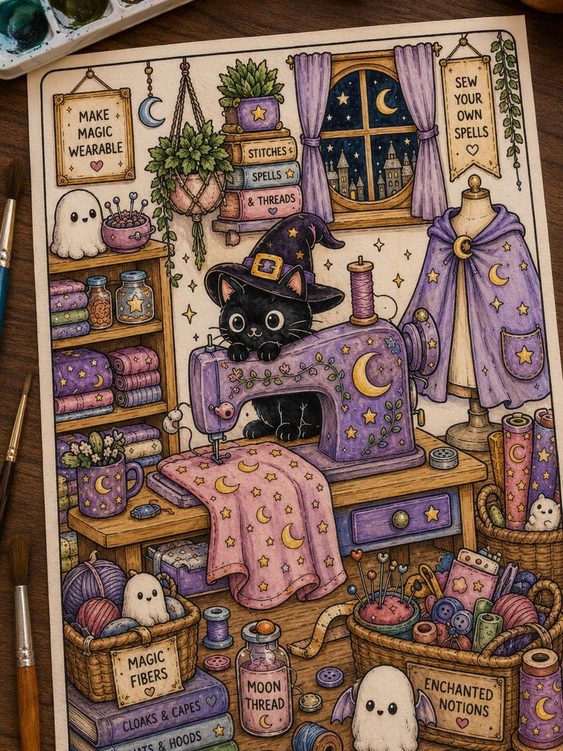 May include: A colored illustration of a black cat wearing a witch hat while operating a purple sewing machine. The scene includes shelves with jars, books, baskets of yarn, a cape on a mannequin, and small ghost figures. Text reads: Make Magic Wearable, Stitches Spells & Threads, Sew Your Own Spells, Magic Fibers, Moon Thread, and Enchanted Notions.