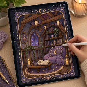 May include: A digital illustration on a tablet screen depicting a cozy attic room with purple and brown tones. The scene features a plush purple armchair, a wooden coffee table with an open book and mug, bookshelves, hanging bats, and candles.