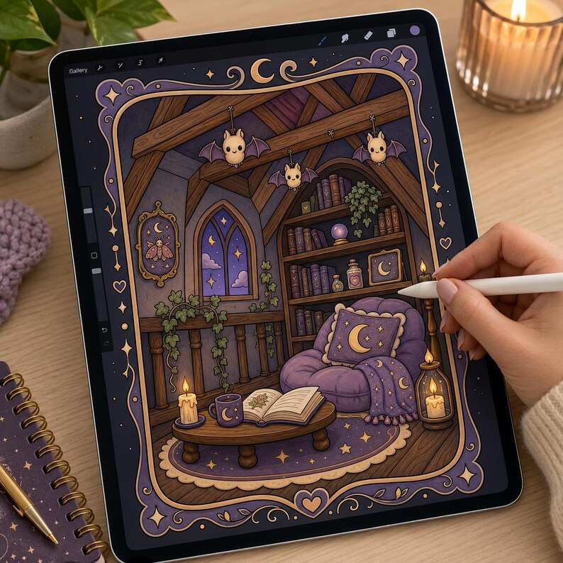 May include: A digital illustration on a tablet screen depicting a cozy attic room with purple and brown tones. The scene features a plush purple armchair, a wooden coffee table with an open book and mug, bookshelves, hanging bats, and candles.