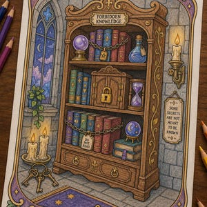 May include: A colored illustration of a wooden bookcase labeled FORBIDDEN KNOWLEDGE, filled with chained books, a crystal ball, and a potion. A sign reads SOME SECRETS ARE NOT MEANT TO BE KNOWN and another DO NOT READ. Candles, keys, and a window are visible.
