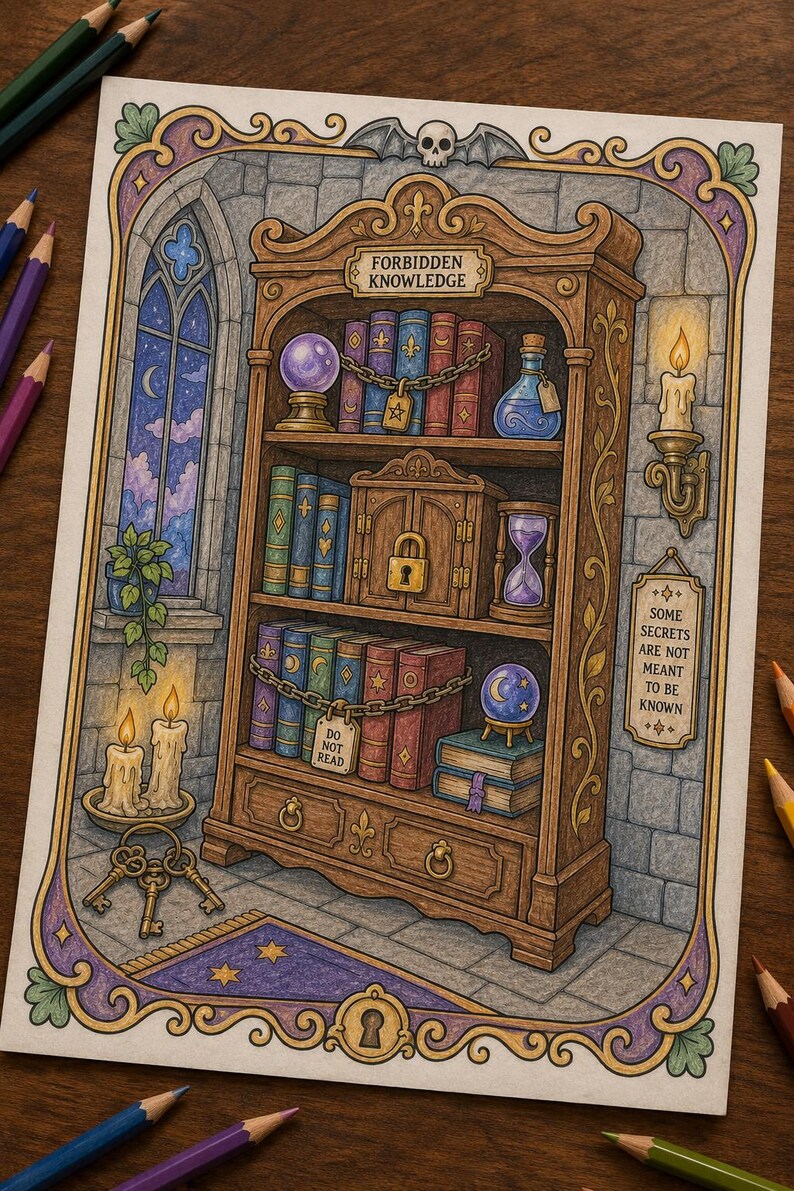 May include: A colored illustration of a wooden bookcase labeled FORBIDDEN KNOWLEDGE, filled with chained books, a crystal ball, and a potion. A sign reads SOME SECRETS ARE NOT MEANT TO BE KNOWN and another DO NOT READ. Candles, keys, and a window are visible.