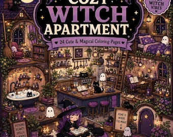 Cozy Witch Apartment Coloring Book, 24 Printable Fantasy Witchcore PDF Pages