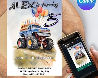 Editable Monster Truck Birthday Invitation, Canva Party Invite
