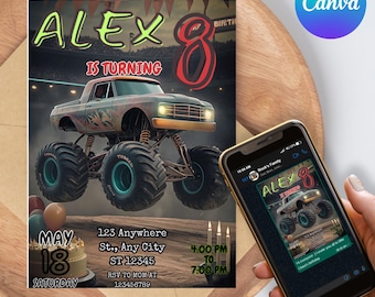 Editable Monster Truck Birthday Invitation, Canva Party Invite